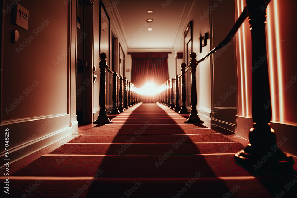 Red carpet on stairs indoors with curtains. Illustrations AI generator Red carpet on stairs indoors with curtains. Illustrations AI generator