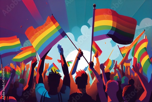 Generative AI illustration, Crowd Waving Rainbow Flags At Pride Parade