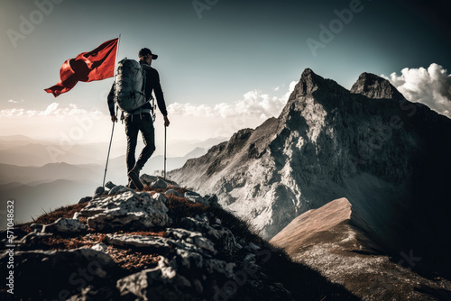 The climber ascends to the top of the mountain with a flag. Illustrations generator AI © olegganko