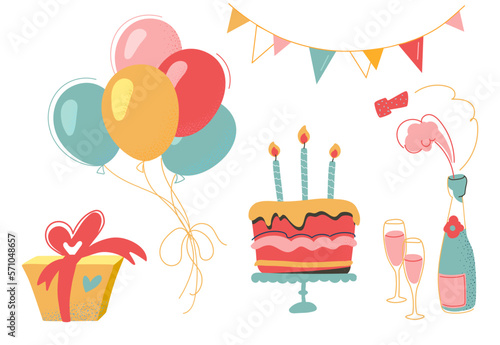 Vector set of elements for the holiday Birthday party. Decorative set with balloons, bunting, champagne, glasses, cake with candles, gift. Isolated on white background