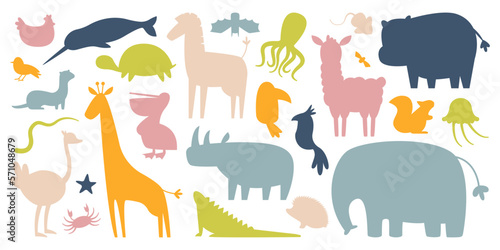 Cartoon animal silhouettes flat icons set. Abstract design of mammals. Shapes of hippo, zebra, octopus, hedgehog
