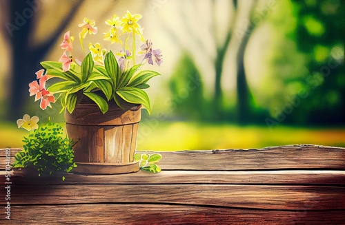  flower pot on wooden plank  watercolor style AI Generated