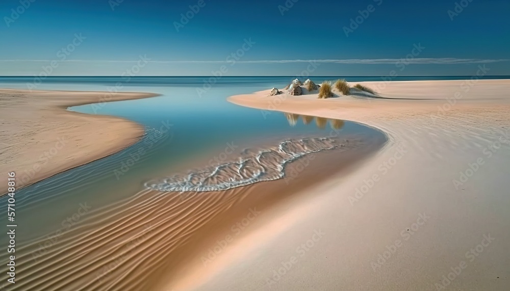  a body of water sitting on top of a sandy beach next to a sandy beach covered in sand and grass covered in sand dunes and a blue sky.  generative ai