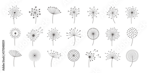 Dandelion fluffy flower flat icons set. Floral design. Summer flowers blossom. Blowball