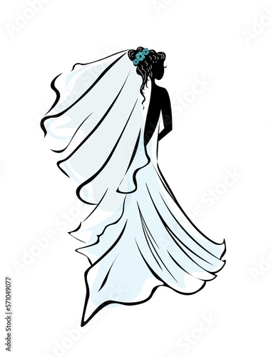 Bride in blue-white wedding dress. Logo for beauty salons, stylish boutiques Vector picture.  Silhouette of beautiful bride in dress.  Beautiful young girl in a wedding dress