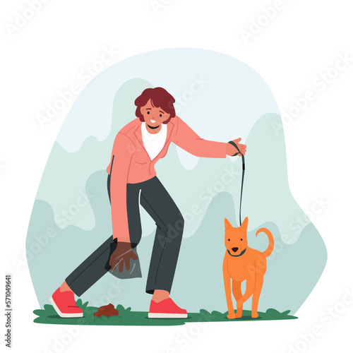 Responsible Pet Ownership Concept. Woman Pet Owner Picking Dog Poo into Plastic Bag on Street. Hygiene Maintenance