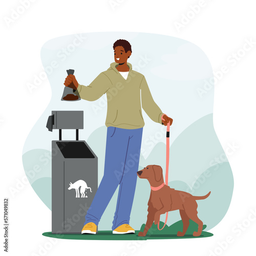 Cleaning Up Pet Poop Concept with Male Owner Character Stand with Shit in Plastic Bag after his Dog Poop in Park