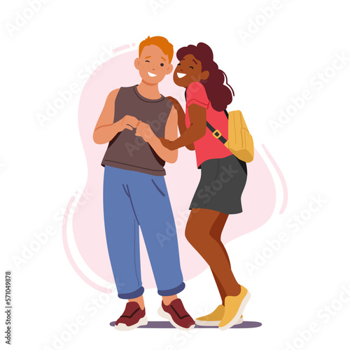 Youngsters Sharing Secrets. Two Young Children Characters Whispering Secrets To Each Other. Youth And Joy Of Friendship