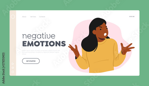 Negative Emotions Landing Page Template. Angry Female Character Yelling. Person With Furious Face, Furrowed Brows