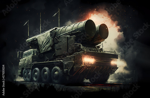 Heavy Mobile rocket artillery system or Air defense military truck illustration on dark background photo