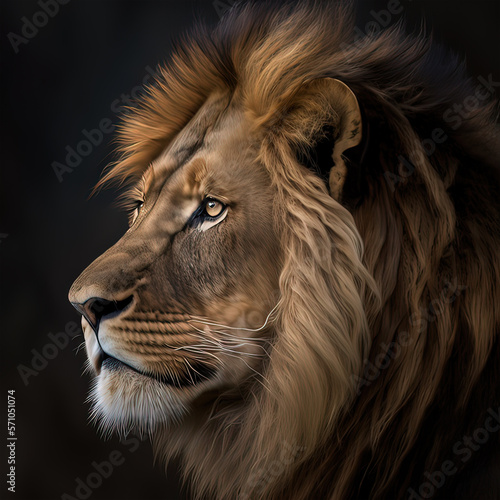 Portrait of a male lion with dark mane  closeup. Generative AI