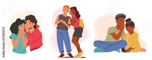 Set Whispers Between Children Concept. Moment When Kids Whisper Secrets To Each Other Vector Illustration