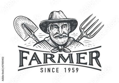 Portrait of an elderly farmer in a hat, spade and pitchfork, emblem. Farm, agriculture logo. Vintage vector illustration