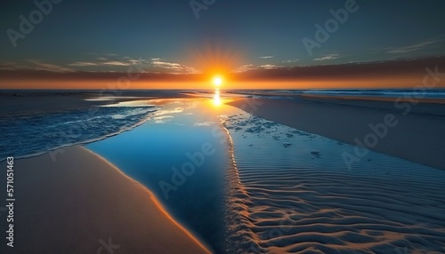  the sun is setting over the water on the beach with sand and sand dunes in the foreground and the water reflecting the sun in the water. generative ai