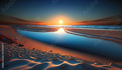  the sun is setting over the water on the beach with sand and sand dunes in the foreground and a body of water in the foreground. generative ai