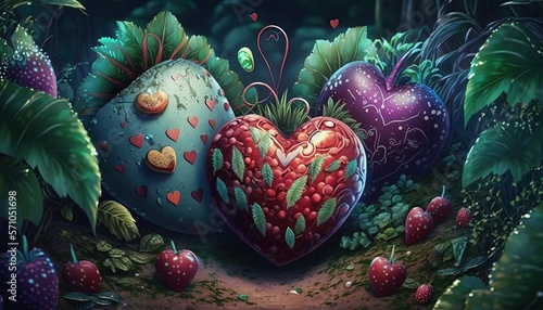  a painting of a heart surrounded by plants and berries in a forest with a path leading to it and a forest - like area with lots of trees and bushes.  generative ai