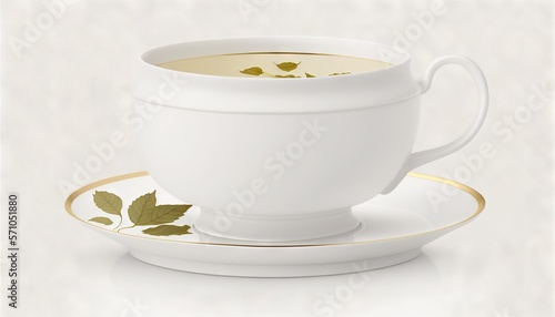  a cup of tea with a saucer on a saucer with a leaf design on the side of the cup and saucer on the side. generative ai