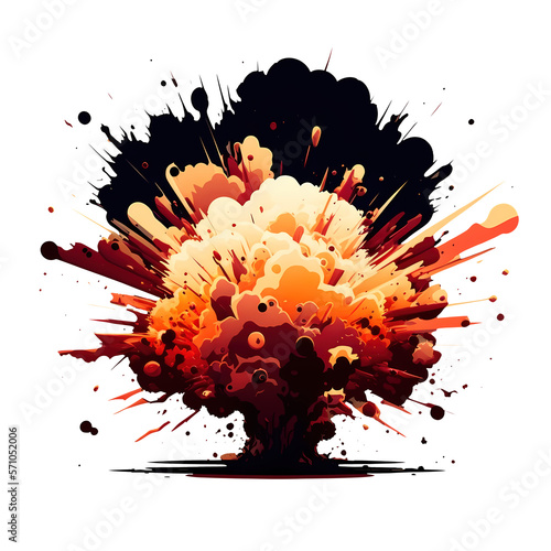 Cartoon fiery explosion with streaks. Large fireball with black smoke on transparent background