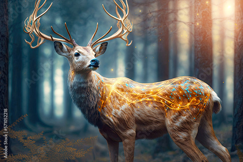 Foto magical deer in nature with gold horns and white spots on body against backgroun