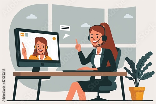 Business person during online video call virtual communication concept, flat illustration background, ai