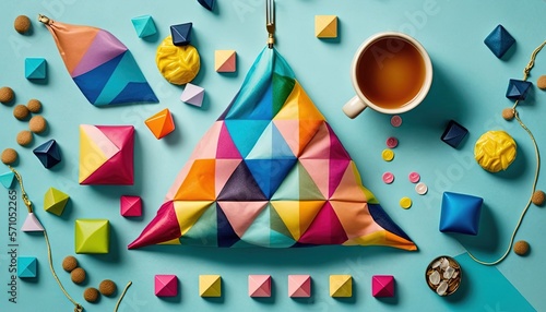  a colorful kite sitting on top of a table next to a cup of coffee and other items on a blue surface with a blue background. generative ai