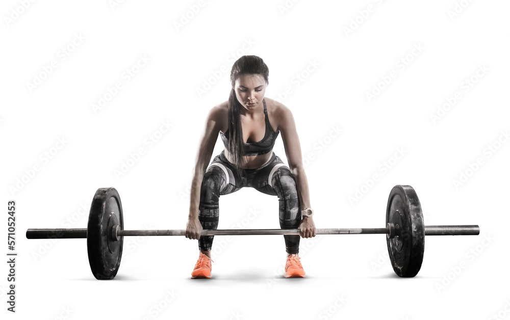 Sport. Muscular women lifting deadlift in the gym with barbell.  Sports transparent buckground. - obrazy, fototapety, plakaty 