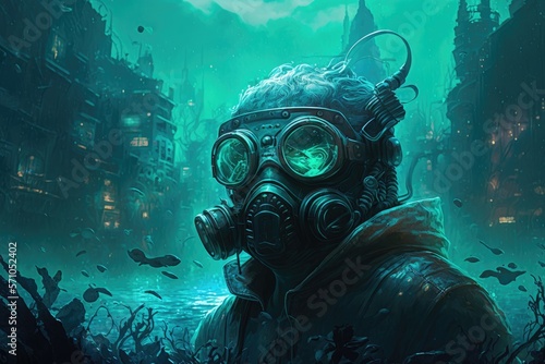 Futuristic cyberpunk illustration of under water city cyberpunk man with scuba mask looking over city underwater, ai