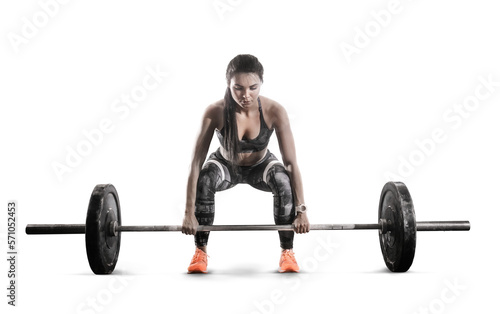 Sport. Muscular women lifting deadlift in the gym with barbell.  Sports transparent buckground.