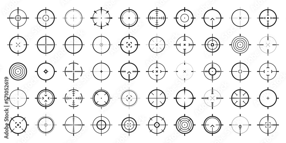 Crosshair, gun sight vector icons. Bullseye, black target or aim symbol. Military rifle scope, shooting mark sign. Targeting, aiming for a shot. Archery, hunting and sports shooting. Game UI element. Crosshair, gun sight vector icons. Bullseye, black target or aim symbol. Military rifle scope, shooting mark sign. Targeting, aiming for a shot. Archery, hunting and sports shooting. Game UI element.