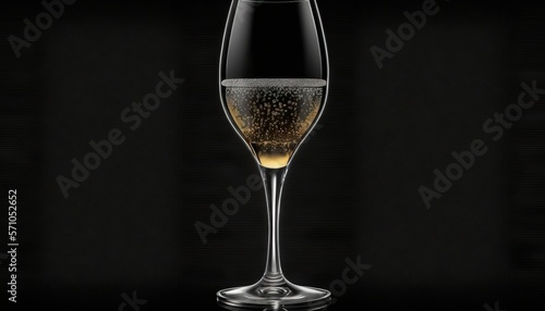  a glass of champagne with bubbles in it on a black background with a reflection of the wine being poured into the wine glass with bubbles. generative ai