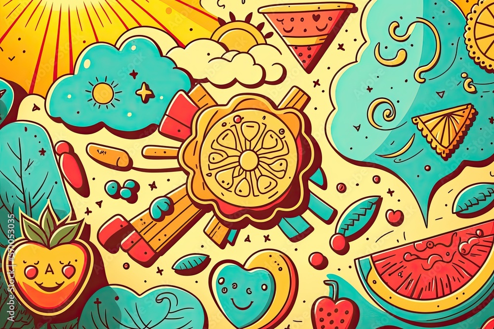 summer food doodles background illustration, ai