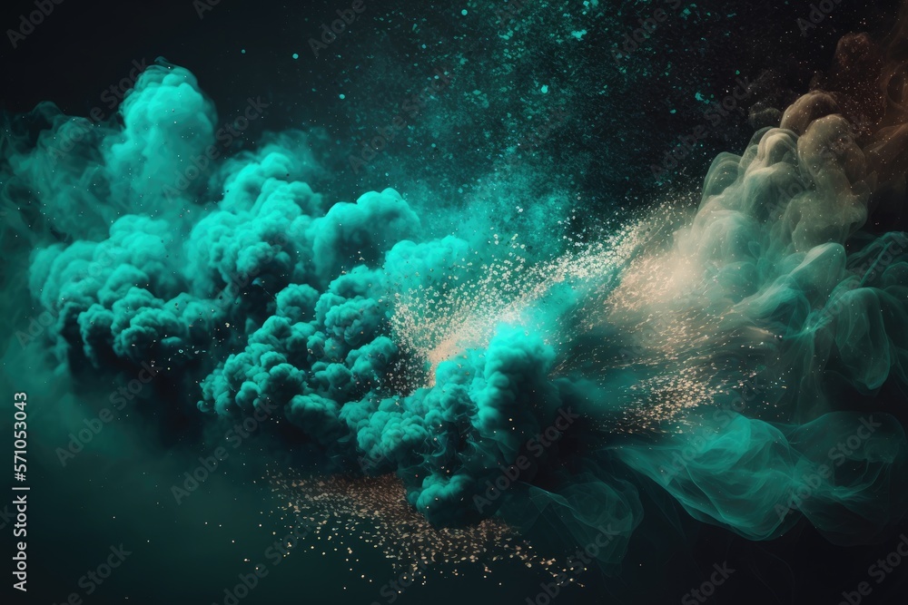 teal smoke with shiny glitter particles abstract background
