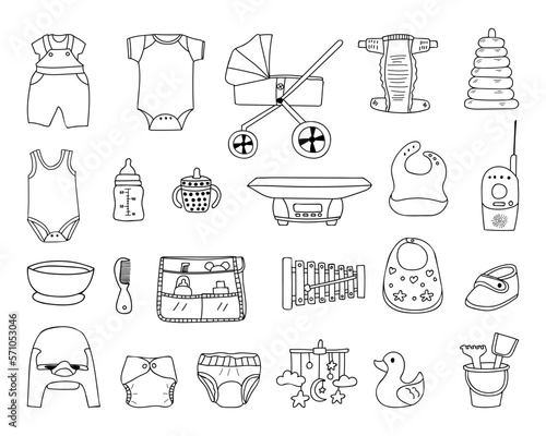 Baby goods doodle icons collection. Hand drawn baby stuffs illustration set.