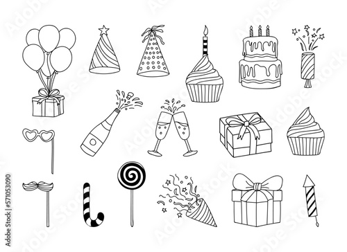 Party doodle icons collection. Hand drawn illustration set of birthday and party celebration icons.