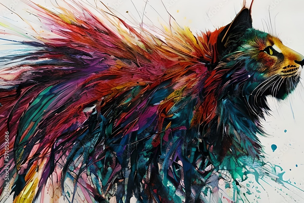 Φωτογραφία Vibrant and Colorful Wet Messy Painting of Maine Coon Lion Generated By Ai