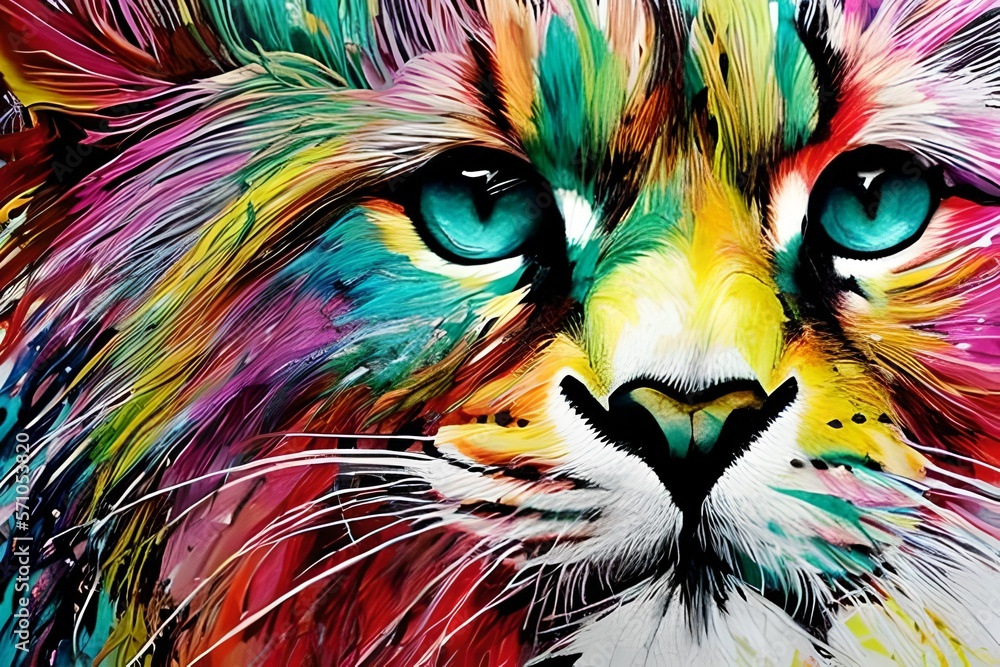Φωτογραφία Vibrant and Colorful Wet Messy Painting of Maine Coon Lion Generated By Ai