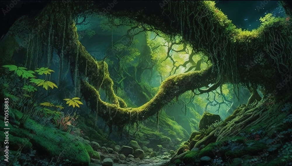  a painting of a forest scene with a stream running through the center of the forest, with moss growing on the trees and rocks in the foreground.  generative ai