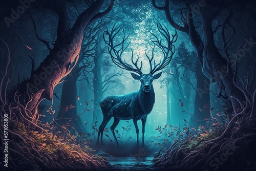 illustration, deer in mysterious forest, ai generative