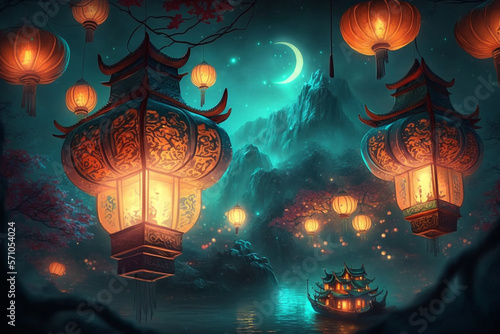 Digital realistic neon Chinese lantern festival with floating lanterns generative AI 