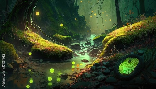  a painting of a stream running through a forest with fireflies flying around the stream and glowing green mossy rocks and trees around the stream. generative ai