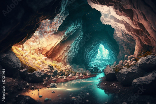 Digital realistic illuminated cave system with sparkling minerals generative AI 