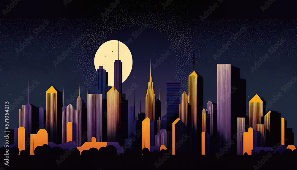 Modern City Skyline at Night with Stars and Moon