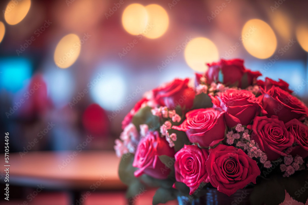 Obraz premium beautiful bouquet of roses on a table over a defocused restaurant or cafe background, romantic gift, love and romance concept, created with generative AI