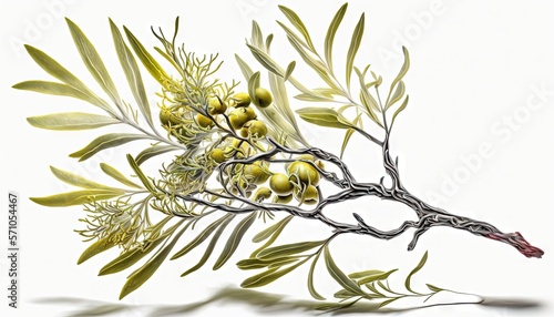  a branch with green olives and leaves on a white background with a shadow of a branch with green olives and leaves on a white background with a shadow.  generative ai