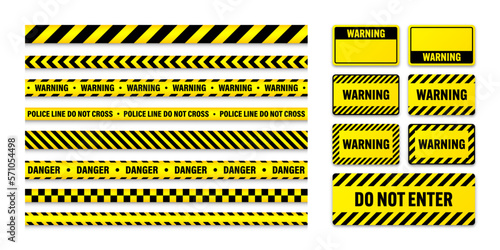 Fotografia Various barricade construction tapes and warning shields