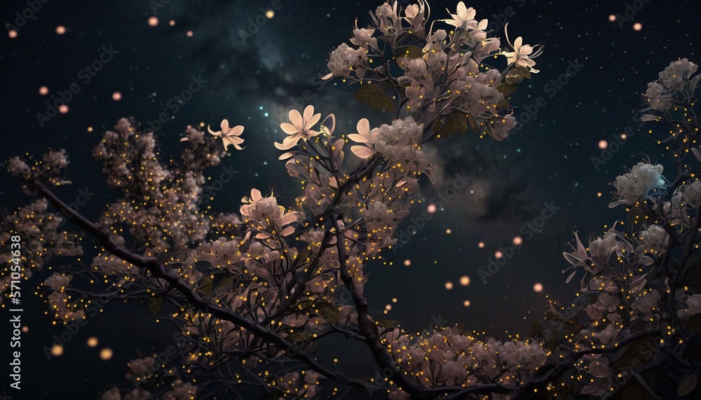 a night scene with a tree with white flowers and a full moon in the sky ...