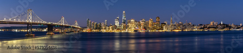 View of the Bay Bridge and San Francisco skyline at dawn from Treasure Island