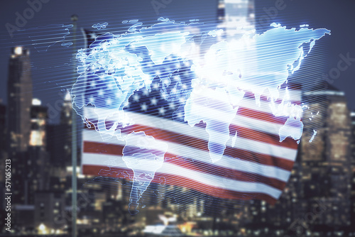 Multi exposure of abstract graphic world map on US flag and skyline background, big data and networking concept