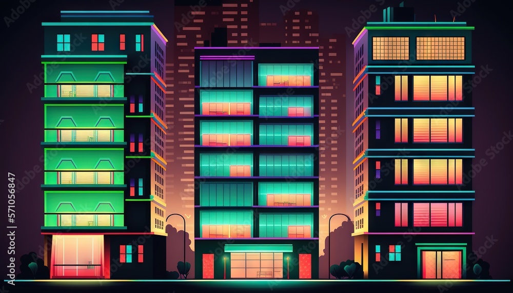 a tall building with many windows in a city at night with neon lights on the windows and a dark sky behind the building is a neon light. generative ai a tall building with many windows in a city at night with neon lights on the windows and a dark sky behind the building is a neon light. generative ai