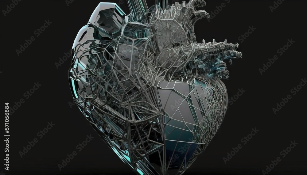 a heart made of metal and glass on a black background with a reflection of the heart in the middle of the image and a black background. generative ai a heart made of metal and glass on a black background with a reflection of the heart in the middle of the image and a black background. generative ai